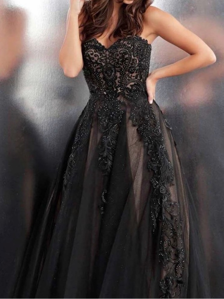 Jovani Black Strapless Beaded Lace Ball Gown